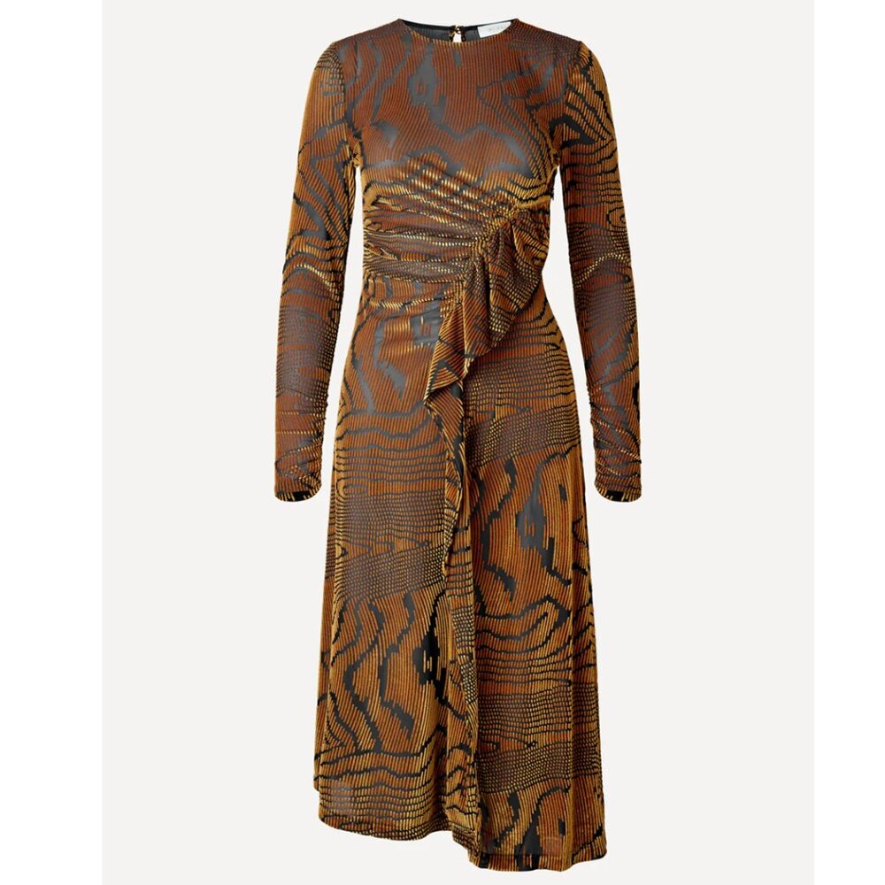 Stine Goya Linn Velvet Moirée Dress Abstract Print Pleated Midi Dress XS NWT